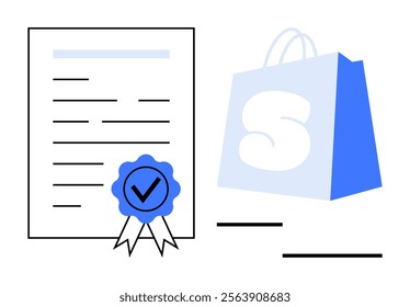 Document with a blue ribbon beside a blue shopping bag on a white background Ideal for themes like certification, online shopping, e-commerce, business, and retail Minimalist vector style