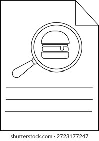 Un documento con una hamburguesa bajo una lupa y tres líneas Horizontales en la parte inferior
