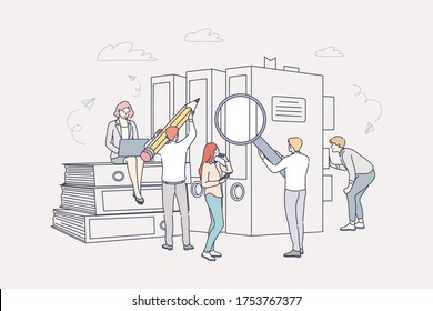 Document, business, accounting, search, teamwork concept. Team of businessmen women coworkers clerks managers accountants cartoon characters searching book documentation and specification requirements