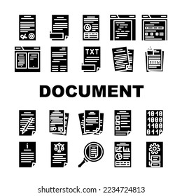 los iconos de la oficina de archivos de negocios de documentos establecen el vector. trabajo en papel, carpeta de información, computadora de contrato, tecnología digital, archivo corporativo, archivo de negocios, pictograma de glifos Ilustraciones