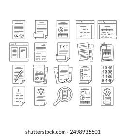Iconos de la oficina del archivo del negocio del documento Vector de conjunto. trabajo de papel, carpeta de información, computadora del contrato, tecnología digital, documento corporativo archivo del negocio oficina negro contorno ilustraciones