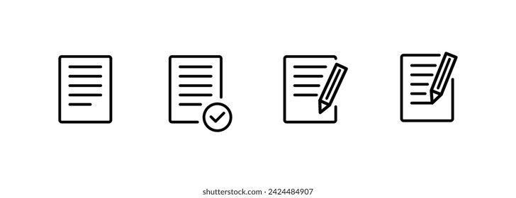 Document button icons. Outline, sheet with check mark and pencil, document buttons. Vector icons