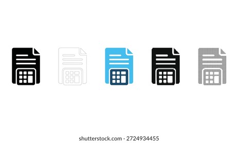 Conjunto de iconos de calculadora de documentos para los informes financieros de cálculo contable