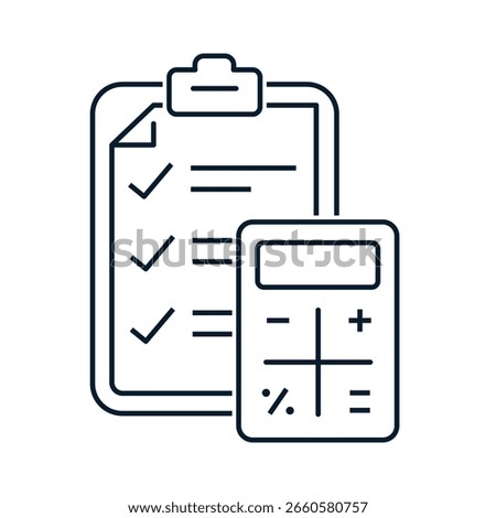Document, calculator. Tax, accounting concept. Vector linear icon isolated on white background.