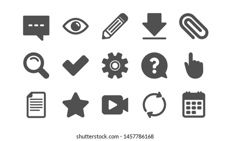 Document, Calendar and Question mark icons. Search, Video camera and Check mark. Classic icon set. Quality set. Vector