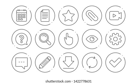 Document, Calendar and Question mark line icons. Search, Video camera and Check mark. Linear icon set. Line buttons with icon. Editable stroke. Vector