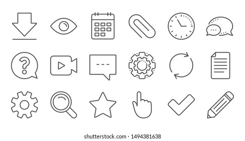 Document, Calendar and Question mark line icons. Search, Video camera and Check mark. Linear icon set. Quality line set. Vector