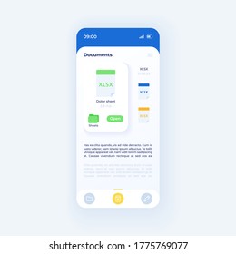 Document Catalog Smartphone Interface Vector Template. Mobile App Page White Design Layout. File Manager Screen. Flat UI For Application. Page In Folder. Portable Database. Phone Display