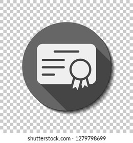 Document of certificate with award, diploma icon. flat icon, long shadow, circle, transparent grid. Badge or sticker style