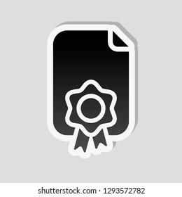 Document of certificate with award, diploma icon. Sticker style with white border and simple shadow on gray background
