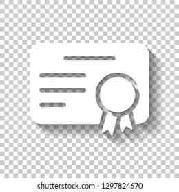 Document of certificate with award, diploma icon. White icon with shadow on transparent background