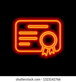 Document of certificate with award, diploma icon. Orange neon style on black background. Light icon