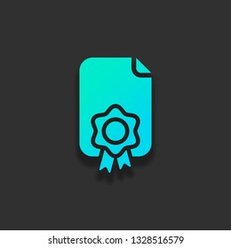 Document of certificate with award, diploma icon. Colorful logo concept with soft shadow on dark background. Icon color of azure ocean