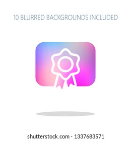 Document of certificate with award, diploma icon. Colorful logo concept with simple shadow on white. 10 different blurred backgrounds included