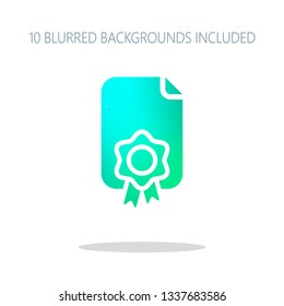 Document of certificate with award, diploma icon. Colorful logo concept with simple shadow on white. 10 different blurred backgrounds included