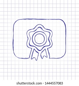 Document of certificate with award, diploma icon. Hand drawn picture on paper sheet. Blue ink, outline sketch style. Doodle on checkered background