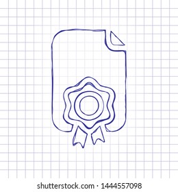 Document of certificate with award, diploma icon. Hand drawn picture on paper sheet. Blue ink, outline sketch style. Doodle on checkered background