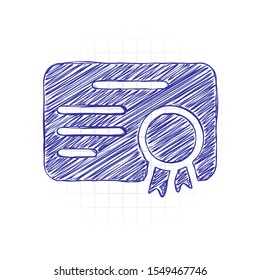 Document of certificate with award, diploma icon. Hand drawn sketched picture with scribble fill. Blue ink. Doodle on white background