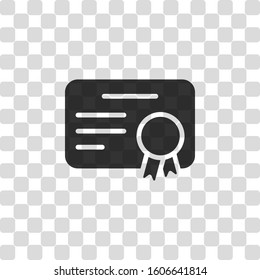 Document of certificate with award, diploma icon. Black symbol on transparency grid