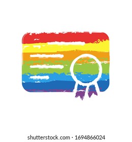 Documento de certificado con premio, icono de diploma. Signo de dibujo con estilo LGBT, siete colores arcoiris (rojo, naranja, amarillo, verde, azul, índigo, violeta)