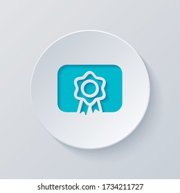 Document of certificate with award, diploma icon. Cut circle with gray and blue layers. Paper style