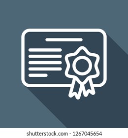 Document of certificate with award, linear outline icon. White flat icon with long shadow on blue background