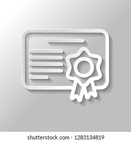 Document of certificate with award, linear outline icon. Paper style with shadow on gray background