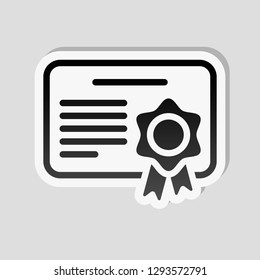 Document of certificate with award, linear outline icon. Sticker style with white border and simple shadow on gray background