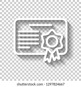Document of certificate with award, linear outline icon. White icon with shadow on transparent background