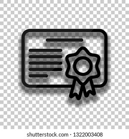 Document of certificate with award, linear outline icon. Black glass icon with soft shadow on transparent background