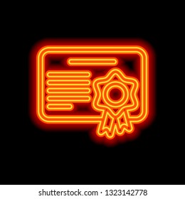 Document of certificate with award, linear outline icon. Orange neon style on black background. Light icon