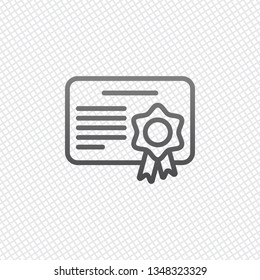 Document of certificate with award, linear outline icon. On grid background