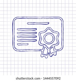 Document of certificate with award, linear outline icon. Hand drawn picture on paper sheet. Blue ink, outline sketch style. Doodle on checkered background