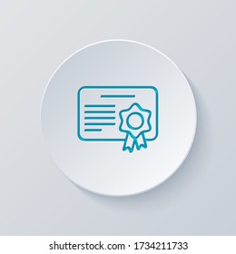 Document of certificate with award, linear outline icon. Cut circle with gray and blue layers. Paper style