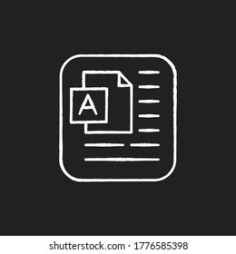 Document chalk white icon on black background. Information on pape sheet. Page with text. Computer document. Writing article in notepad. Report doc. Isolated vector chalkboard illustration