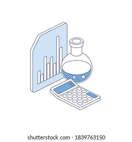 Document chart calculator flask experiments. Vector 3d line isometric, color web icons set, new flat style. Creative illustration, idea for infographics.