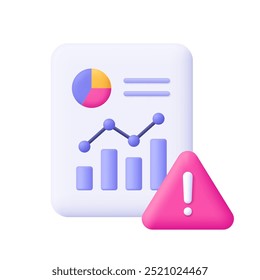 Documento com gráfico, diagrama e símbolo de aviso, triângulo com ponto de exclamação. Relatório de dados, análise e lógica analítica, conceito de risco financeiro e de negócios. ícone de vetor 3d. Estilo mínimo de desenho animado.