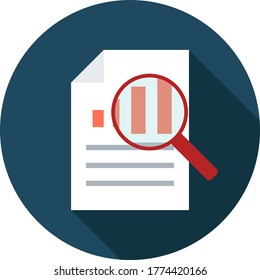 Document, chart with magnifier flat icon on blue background, vector symbol