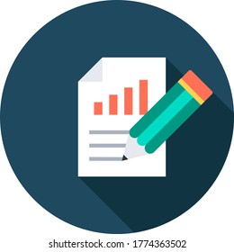 Document, chart with pencil flat icon on blue background, vector symbol