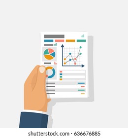 Document with charts and graphs business reports hold in hand businessman. Vector illustration flat design. Isolated on background. Paperwork concept. Data analysis, project management. Analyze graph.