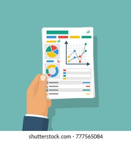 Document with charts and graphs business reports hold in hand businessman. Vector illustration flat design. Isolated on background. Paperwork concept. Data analysis, project management. Analyze graph.