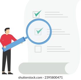 Document check concept, businessman manager holding document paper checking big magnifying glass, contract approval or validation, finance or budget analysis, search document file concept.

