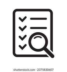 Document check icon vector illustration. Checklist magnifier assessment icon.