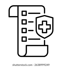 Document with a check list and a shield with a plus sign for security and compliance purposes, suitable for business presentations.