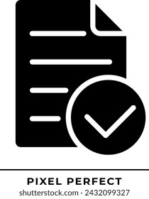 Dokument mit schwarzem Häkchen-Symbolsymbol. Genehmigte Geschäftspapiere. Kontrolle von Unternehmensinformationen. Klicken Sie auf Vertrag. Silhouetten-Symbol auf weißem Raum. Volles Piktogramm. Vektorgrafik