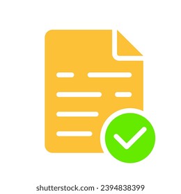 Document with a check mark. Business communication, letter, email, text, paper, electronic, read, delivered, documentation, approved, sign an agreement. Colorful icon on white background