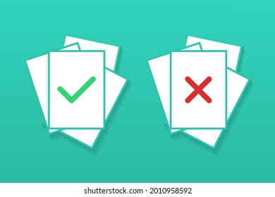 Documento con marca de verificación y signo cruzado. Aceptar y rechazar el archivo. Vector de ilustración