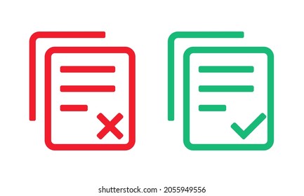 Dokument mit Häkchen und Kreuzzeichen.  Symbol JA und NEIN. Illustrationsvektor