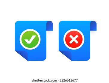 Document with a check mark and a cross Yes No check mark sign on clipboard Lined paper notebook. Document icon. Vector illustration