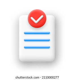 Document with check mark icon in 3d cartoon style. White paper sheet. Vector illustration.